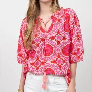 Ivy Jane pink Moroccan tile print blouse tassels balloon sleeve oversized A-line